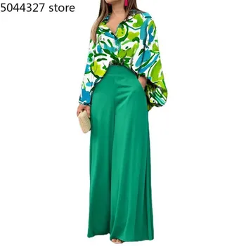 2023, Африканска облекла за жени, Есенна африканска риза с дълъг ръкав, 2 броя, Ежедневни риза с принтом, Широки панталони, комплект за африкански дрехи