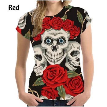 2023 Дамски летни модни тениски с 3D принтом под формата на готически черепи и рози, черна тениска с кръгло деколте и къс ръкав