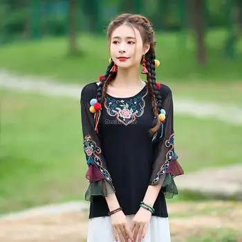 2023 китайски ретро топ в етнически стил, дамски цветна бродерия, годишен нето на яка с дълъг ръкав, национална базова риза s434