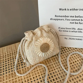 2023 Лятна плажна сламена чанта през рамо за жени, Модерна чанта-месинджър от ратан с завязками под формата на слънчоглед, мини чанта с дръжка