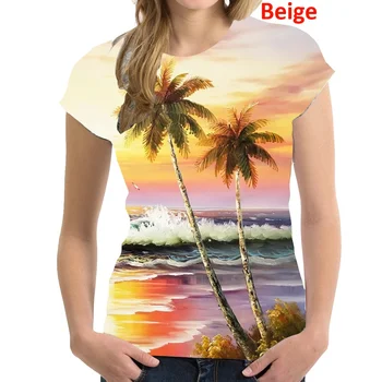 2023, с шарени палми, Къс ръкав, Модни дамски нова ежедневни хавайска риза с кръгло деколте, топ