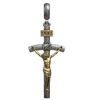 7g Разпъването на Исус Христос на Дървен католически кръст на Златна Висулка от чисто Сребро проба 925