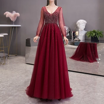 Ashely Alsa Луксозно Вино-червено рокля за абитуриентски бал с Дълъг ръкав 2023, Елегантни Дамски официални рокли с кристали, Рокля за специални случаи