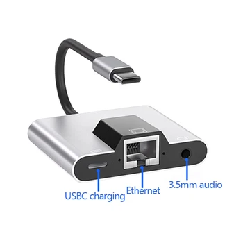 OTG Ethernet USB Адаптер за жична мрежа USB C-RJ-45 Ethernet LAN 100 mbit/с 3.5 мм Аудио Конвертор за мобилен телефон с пристанище type c.