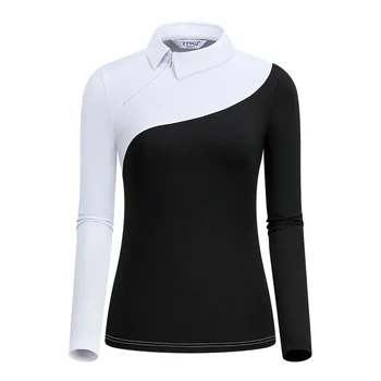TTYGJ 2023, Нова есенна Дамски дрехи за голф, Тениска с дълъг ръкав Контрастен слънцезащитен топ с поставяне на яката, монтиране топ