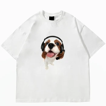 Y2k Aesthetics, Базова тениска с принтом сладък куче, Памук Свободен Топ, Дамски Ежедневни Летен Топ в стил Харадзюку с кръгло деколте, риза Емо
