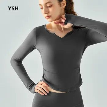 YUSHUHUA/ Дамски ризи за йога с V-образно деколте и дълъг ръкав, съкратен топ за фитнес, тънка спортна тениска за бягане, Еластична дишаща облекло за тренировки