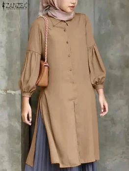 ZANZEA/ Дамски Есенна Блуза с ревера и пищни ръкави, Ежедневни мюсюлмански върхове с намаляване на Подгъва, Хиджаб, Ислямска дрехи, Модни однотонная дълга Риза