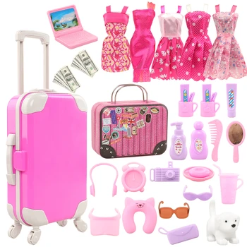 Аксесоари за кукли Barwa 11,5 инча, Розов Пластмасов Пътен куфар, Мини куфар с аксесоари за кукли за куклена къща