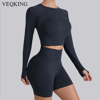 Безшевни дамски комплекти за йога VEQKING, женски спортен съкратен топ с дълъг ръкав, къси Панталони с висока талия, быстросохнущий комплект за фитнес