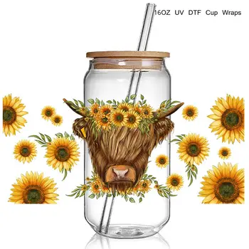 Бестселър Sunflower Cow Design 3D UV DTF Cup Wraps етикети Потребителски Тайна за 16 унции Libbey Glass Can Студена Чаша Чаша