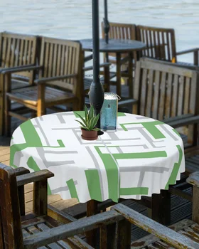 Геометрия на модерното изкуство Зелено-Сиво Градинска Покривка с дупка за чадър джоб, Водоустойчив Покриване на кръгла маса за пикник и във вътрешния двор