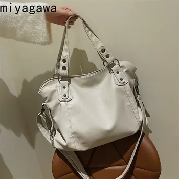 Дамска чанта Miyagawa 2023, Есен нова чанта от изкуствена кожа в корейски стил, Проста Кожена чанта през рамо, модни чанти-тоут