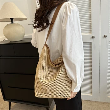 Дамска чанта, Модерен проста сламена чанта ръчна изработка, Ежедневни плажна чанта с голям капацитет, вязаная на една кука, персонални чанта-тоут за жени