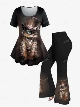 Дамски дрехи Големи размери, с сладък котка, графична тениска, разкроена панталони, пролетно-летния случайни комплект меки дрехи с висока еластичност