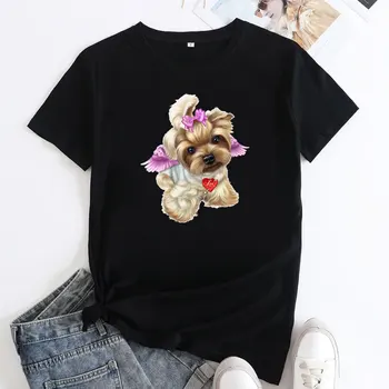 Дамски памучен тениска с кръгло деколте и шарките хубаво кученце, Свободни ежедневни блузи големи размери с къс ръкав