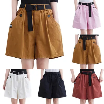 Дамски Свободни Ежедневни Памучни широки еластични панталони-шорти