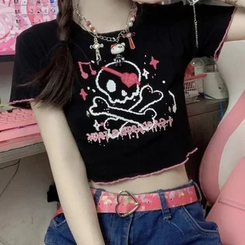 Дамски тениски Harajuku с принтом скелета, Кавайная къса тениска с аниме, хип-хоп Лятна дамска тениска, градинска дрехи, скъсяване на върховете y2k