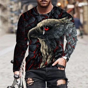 Есенна мъжка тениска с кръгло деколте и 3D-принтом като животински Орел, Ежедневни тениски с дълъг ръкав Оверсайз, Модерен пуловер, мъжки дрехи