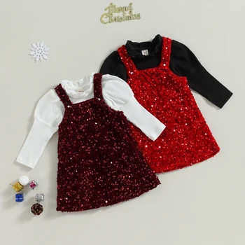 Есенно-Коледен Детски дрешки за момиченца, върхове рубчик с дълги ръкави и пайети рокля на подтяжках, Есенна Коледна облекло