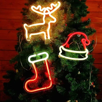 Коледни Чорапи с Лосем, Коледна Шапка, Неонови осветителни Тела за украса на Стени, Неон Коледна Светлинна Табела за Спални, Детски Коледни Подаръци За Домашен Бар