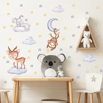 Комбинация анимационни животни, Луната е ярка звезда на звездното облак украса на детската стая детската градина стикер за стена аксесоари за дома
