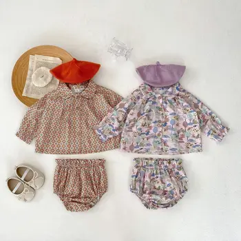 Комплекти детски дрехи 2023 г., есенни блузи с дълъг ръкав и цветна принтом за малки момичета + памучни панталони, Костюм от две части за момиченца