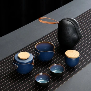 Конфигуриране на Китайски чай набор от Кунг-фу, Керамични преносим кана, комплект за пътуване, Гайвань, Чаени чаши за чайна церемония, Чаена чаша, Елегантен ръчен гърне