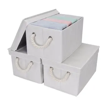 Кошница за съхранение с капак и дръжки от памучни въжета, Сгъваема кошница за съхранение, Бели, в бамбукова дръжка, стил, 3 опаковки, Големи, 14,4x10,0x8,5 инча