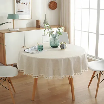 Кръгла покривка в скандинавски минимализме с пискюл - Однотонное памучни Ленено покритие за масата за хранене