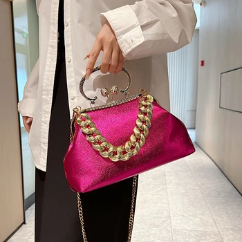Луксозна Дамска чанта на рамото си, кожена Вечерна чанта ярки Цветове, Модерна чанта през рамо с веригата си, чантата си, Ретро чанта с клипс, bag-чанта