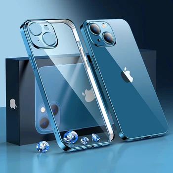 Луксозно Покритие Квадратна Рамка, Силикон Прозрачен Калъф За Телефон iPhone 14 13 12 11 Pro Max Mini X XR XS 7 8 Plus SE, Прозрачен Капак