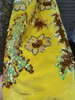 Луксозното издание 2023 година Африканска Лейси Плат Кадифе Лейси Плат 3D жълта Бродерия с пайети Нигерийски тюл окото лейси плат за шиене