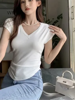 Лятна Корея, модна тениска на Y2K, Дамски секси японската тениска с V-образно деколте Дамски тънък облегающая тениска, дамски блузи Cothes Kop
