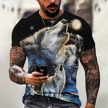Лятна Мъжка Нова тениска с 3D принтом Вълк, с къс ръкав, Модни Градинска риза в стил хип-хоп С Кръгло деколте, Риза Размер Плюс, Мъжки дрехи