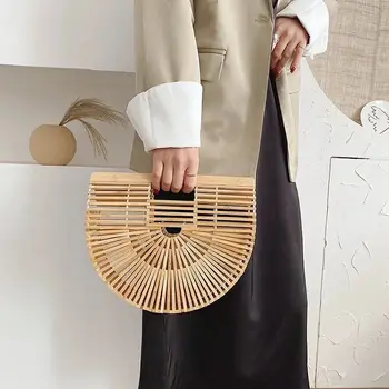 Малка Чанта през рамо от бамбук Полукръг с дръжка за през рамо за жени 2023, Летни маркови плажни чанти луксозен Моден плетене