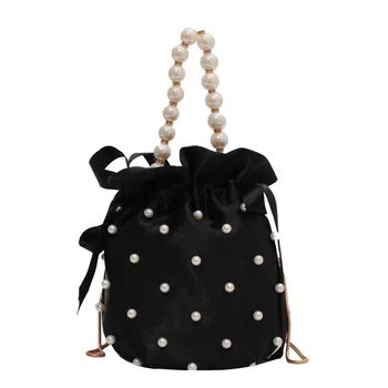 Маркови чанти през рамо за жени, Висококачествена и Луксозна дамска чанта, Черна Мъниста, Имитация на перли, Коприна, Женствена чанта-кофа за през рамо