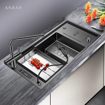 Мивка за кухня стълби ASRAS, нано-черно кошче за боклук от неръждаема стомана 304, леген за измиване на зеленчуци, ръчно изработени голям единичен слот