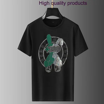 Модерен мъжки тениски с кристали 2023, летни дрехи, Градинска дрехи с анимационни любимци принтом, Тънка мъжка тениска с кръгло деколте и къс ръкав