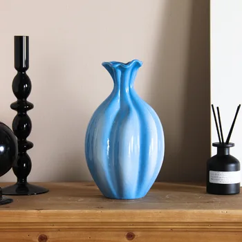 Модерна эстетичная синя ваза за сухи цветя, Начало декор, занаяти, Керамични вази, Украса за масата в хола, Порцеланова бутилка за цветя