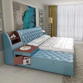 модерно легло от естествена кожа/мек диван/двойно легло king/queen size за спални, мебели за дома с чекмедже за съхранение и бюфет