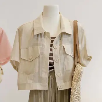 Модни солнцезащитная риза за жени 2023, лятото е късо палто с яка-поло, корейски топ, поло блузи с къс ръкав, якета