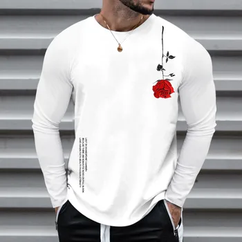 Мъжка тениска с дълъг ръкав и кръгло деколте в минималистичном стил със забавни щампи във формата на Рози, Дишаща топ