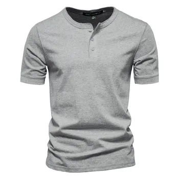 Мъжки ежедневни тениска с яка Хенли е от 100% памук, високо качество на летните мъжки тениски с къс ръкав, модни базова тениска за мъже