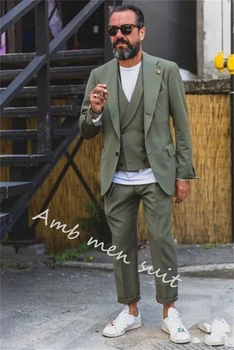 Мъжки костюми на най-новия дизайн, зелена Сватбена мода, направени по поръчка Мъжки Блейзър за абитуриентски бал, комплект от 3 теми (яке + панталон + Елек + вратовръзка)