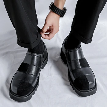 Мъжки модел обувки, кожени обувки с дебела подметка, Бизнес мъжки черни обувки дантела, Оксфордские обувки с платформа, Мокасини, Размер ежедневни обувки, 38-44