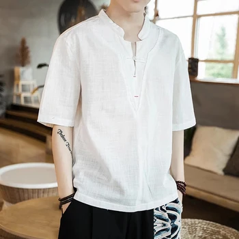 Мъжки Памучен Бельо тениска Оверсайз, Лятна тениска в китайски стил с къси ръкави и V-образно деколте, Мъжки ризи, Блузи, Дишаща ретро Дрехи Големи Размери