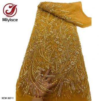 Най-новите африкански дантелени тъкани, ръчно изработени с перли, луксозни нигерийски дантелени платове с пайети, окото лейси плат за вечерна рокля XCW-367