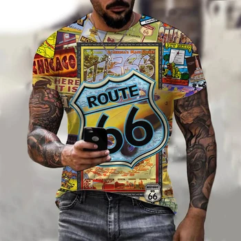 Новата мода в САЩ, годишният ретро стил на улицата, Америка, Route 66, тениска с писмото принтом, облекло, с кръгло деколте, мъжки t-shirt оверсайз