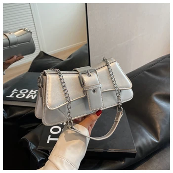 Однотонная женствена чанта на верига през рамо, малка чанта и портфейл от изкуствена кожа, реколта луксозна марка дамски чанти-прашка с лента през рамото